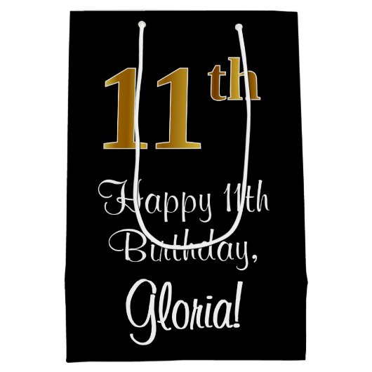 Luxe, Elegant, Faux Gold Look 11e verjaardag Medium Cadeauzakje (Achterkant)