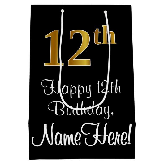 Luxe, Elegant, Faux Gold Look 12e verjaardag Medium Cadeauzakje (Achterkant)