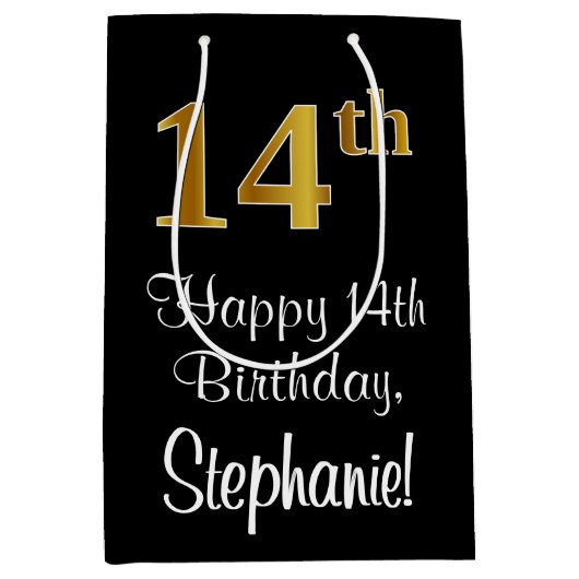 Luxe, Elegant, Faux Gold Look 14e verjaardag Medium Cadeauzakje (Voorkant)