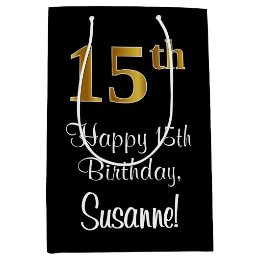 Luxe, Elegant, Faux Gold Look 15e verjaardag Medium Cadeauzakje (Voorkant)