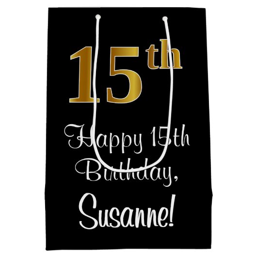 Luxe, Elegant, Faux Gold Look 15e verjaardag Medium Cadeauzakje (Achterkant)