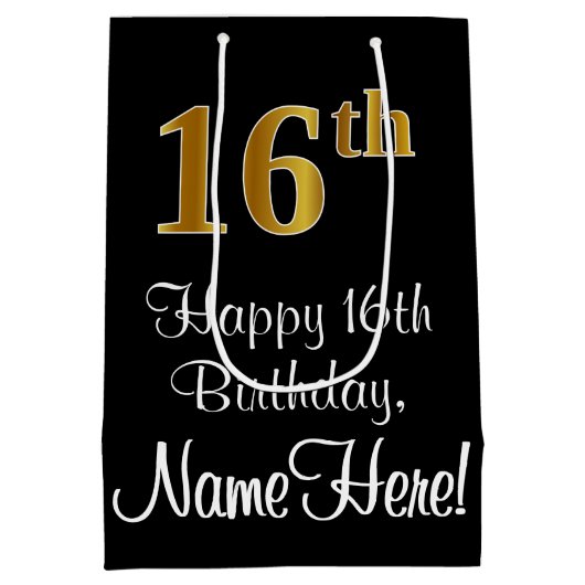 Luxe, Elegant, Faux Gold Look 16e verjaardag Medium Cadeauzakje (Achterkant)