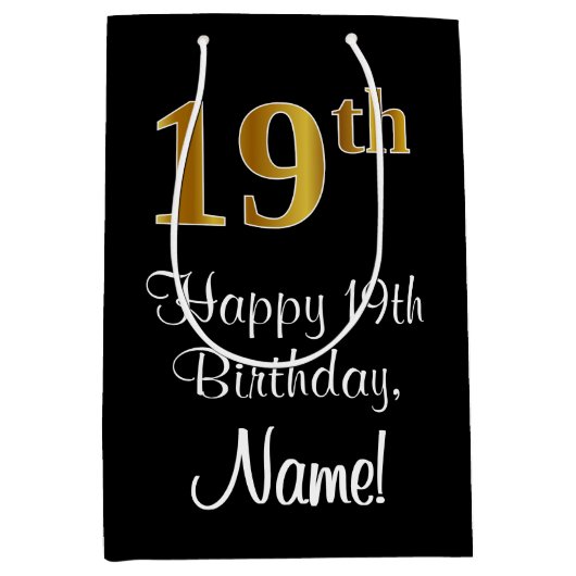Luxe, Elegant, Faux Gold Look 19e verjaardag Medium Cadeauzakje (Voorkant)
