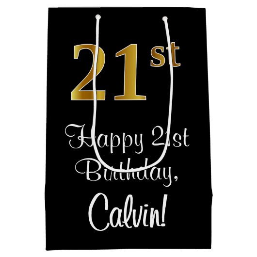 Luxe, Elegant, Faux Gold Look 21e verjaardag Medium Cadeauzakje (Achterkant)