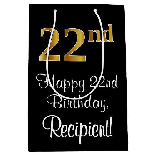 Luxe, Elegant, Faux Gold Look 22e verjaardag Medium Cadeauzakje (Voorkant)