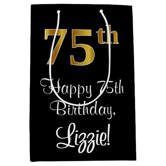 Luxe, Elegant, Faux Gold Look 75e verjaardag Medium Cadeauzakje (Voorkant)