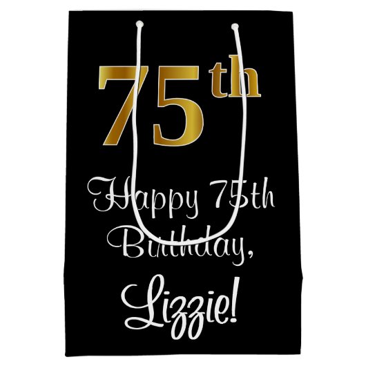 Luxe, Elegant, Faux Gold Look 75e verjaardag Medium Cadeauzakje (Achterkant)