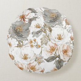 Luxe, Elegant, Goud Grijze Bloemen Patroon  Rond Kussen