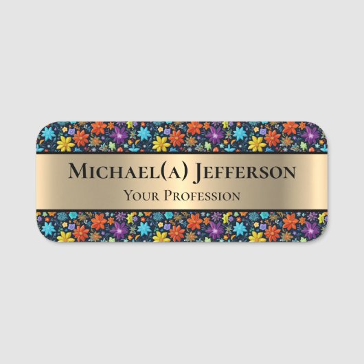 Luxe Elegant Goud & Kleurrijke Chic Bloemen Patroo Naamplaatje (Voorkant)