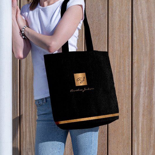Luxe elegant goud moderne zwarte monogrammen tote bag