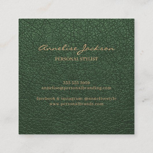 Luxe elegant groen leder koper goud monogram vierkante visitekaartje (Achterkant)