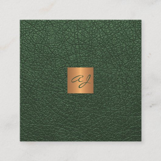 Luxe elegant groen leder koper goud monogram vierkante visitekaartje (Voorkant)