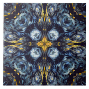 Luxe, elegant, marineblauw mandala, gele details tegeltje