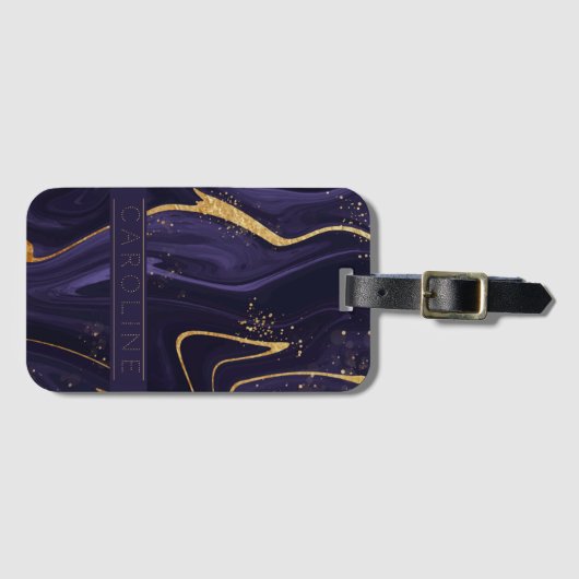 Luxe Elegant Paars Gold Marble Effect Name Bagagelabel (Voorkant (horizontaal))
