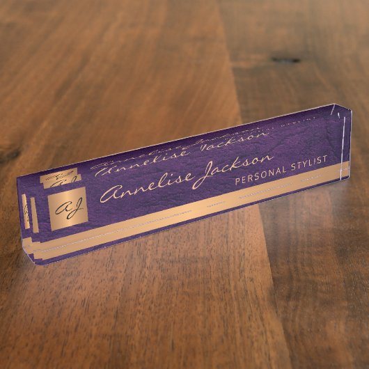 Luxe elegant paars ledergoud, monogegrammeerd naambordje (Zijkant)