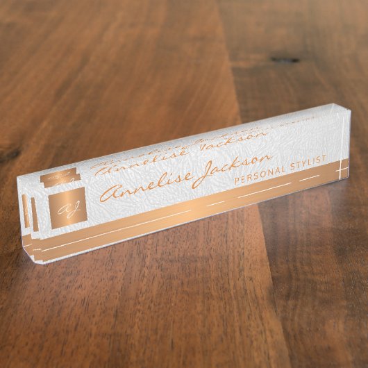 Luxe elegant wit ledergoud, monogrammen naambordje (Zijkant)