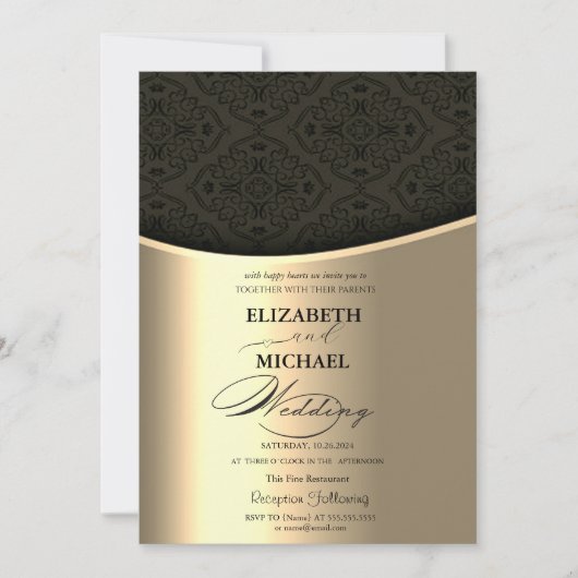Luxe Elegant Zwart Damast Goud Bruiloft Kaart (Voorkant)