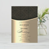 Luxe Elegant Zwart Damast Goud Bruiloft Kaart (Staand voorkant)