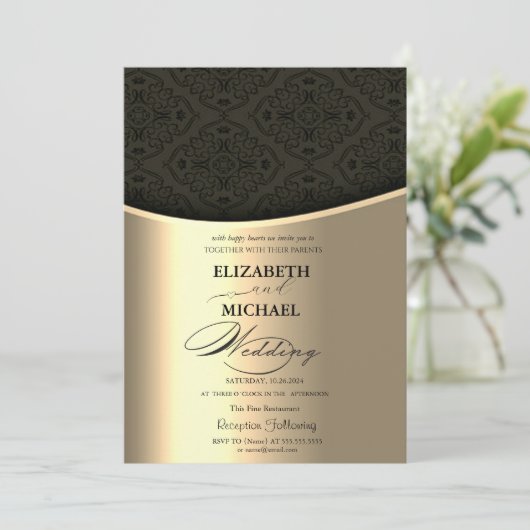 Luxe Elegant Zwart Damast Goud Bruiloft Kaart (Staand voorkant)