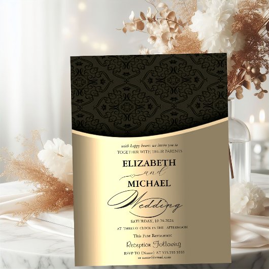 Luxe Elegant Zwart Damast Goud Bruiloft Kaart