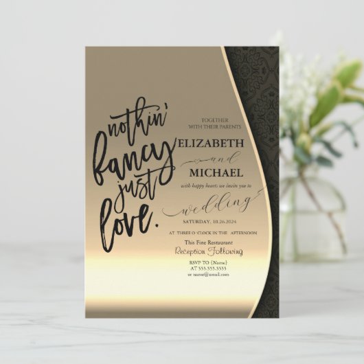 Luxe Elegant Zwart Damast Goud Bruiloft Kaart (Staand voorkant)