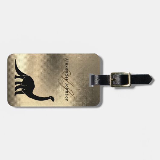 Luxe Elegant Zwart en Goud Dinosaur Monogram Bagagelabel (Voorkant horizontaal)