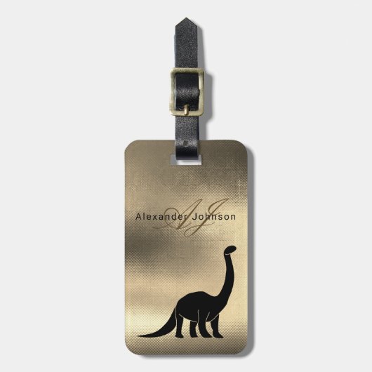 Luxe Elegant Zwart en Goud Dinosaur Monogram Bagagelabel (Voorkant verticaal)
