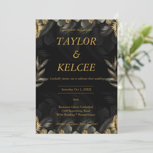 Luxe Elegant Zwart Goud bruiloft Kaart (Staand voorkant)