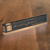 Luxe elegant zwart leren goud, monogrammen naambordje (Zijkant)