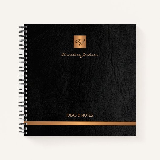 Luxe elegant zwart leren goud, monogrammen notitieboek (Voorkant)