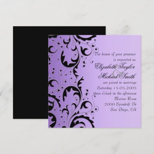 Luxe Elegant Zwart/Paarse Bloemen Bruiloft Uitnodi Kaart (Voorkant / Achterkant)
