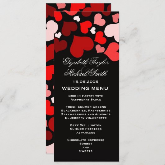 Luxe Elegant Zwart/Rode Harten Bruiloft Menu (Voorkant / Achterkant)