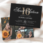 Luxe Elegant Zwart Sweet 16 Foto Kaart<br><div class="desc">Vier in stijl met deze luxe en elegante Sweet 16 uitnodiging. Bovenaan staat de kop "Sweet Sixteen" geschreven in een sierlijk script, elegant overlay het nummer 16 in een lange, verfijnde serif lettertype. Dit ontwerp straalt een gevoel van weelde en verfijning uit, perfect voor het markeren van zo'n speciale mijlpaal....</div>