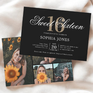 Luxe Elegant Zwart Sweet 16 Foto Kaart