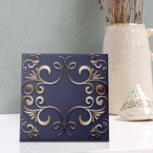 Luxe Elegante Barok Gouden Ornamenten op Deep Blue Tegeltje