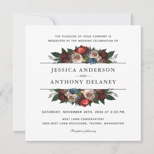 Luxe Elegante Bloemen Bruiloft Vierkante Uitnodigi Kaart (Voorkant)