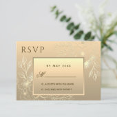 Luxe Elegante Bloemen Gouden Kant Huwelijksuitnodi RSVP Kaartje (Staand voorkant)