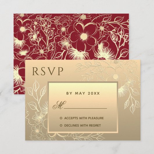 Luxe Elegante Bloemen Gouden Kant Huwelijksuitnodi RSVP Kaartje (Voorkant / Achterkant)