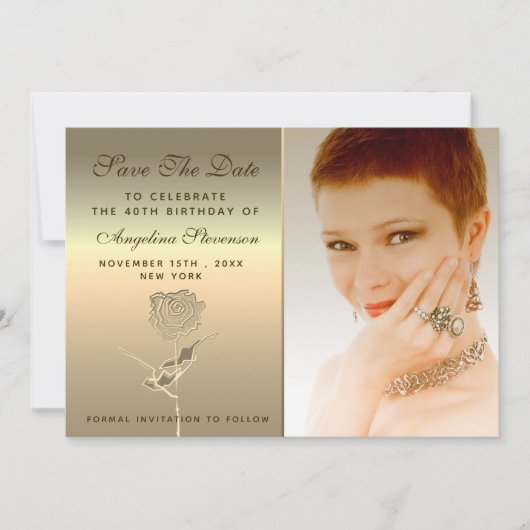 Luxe Elegante Bloemen Gouden Roos Verjaardag Save The Date (Voorkant)