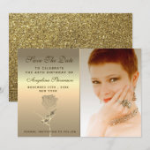 Luxe Elegante Bloemen Gouden Roos Verjaardag Save The Date (Voorkant / Achterkant)