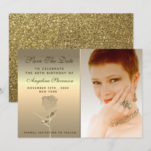 Luxe Elegante Bloemen Gouden Roos Verjaardag Save The Date (Voorkant / Achterkant)