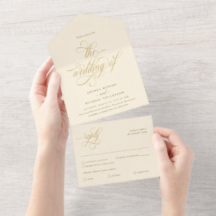 Luxe Elegante Calligrafie Crème en Gouden Trouw All In One Uitnodiging