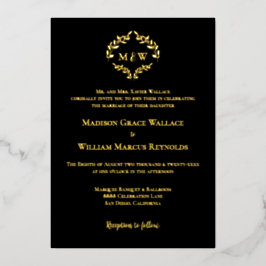 Luxe Elegante Crest Trouw Monogram Zwar Goud   Folie Uitnodiging