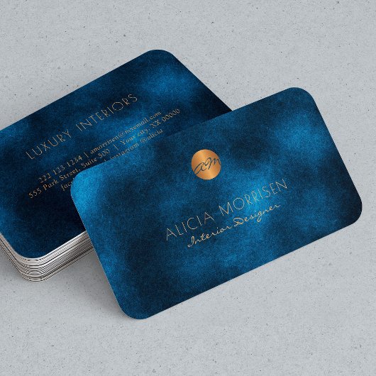 Luxe elegante donkerblauwe waterverf monogram visitekaartje