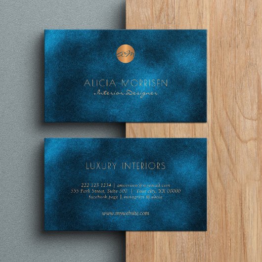 Luxe elegante donkerblauwe waterverf monogram visitekaartje