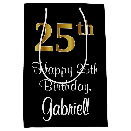 Luxe, elegante, Faux Gold look 25e verjaardag Medium Cadeauzakje (Voorkant)