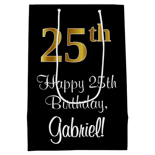 Luxe, elegante, Faux Gold look 25e verjaardag Medium Cadeauzakje (Achterkant)