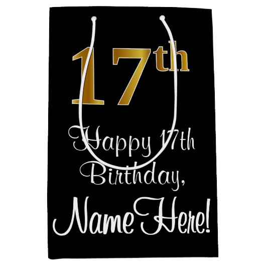 Luxe, elegante, faux gouden look 17e verjaardag medium cadeauzakje (Voorkant)