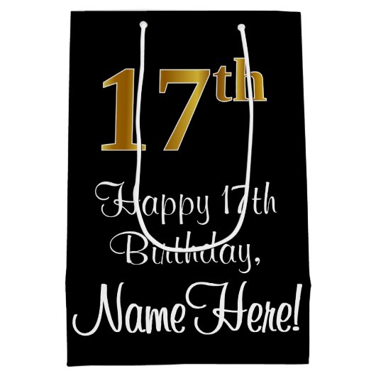 Luxe, elegante, faux gouden look 17e verjaardag medium cadeauzakje (Achterkant)