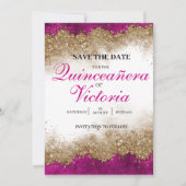 Luxe Elegante Fuchsia Hot Pink & Gold Quinceañera Save The Date (Voorkant)